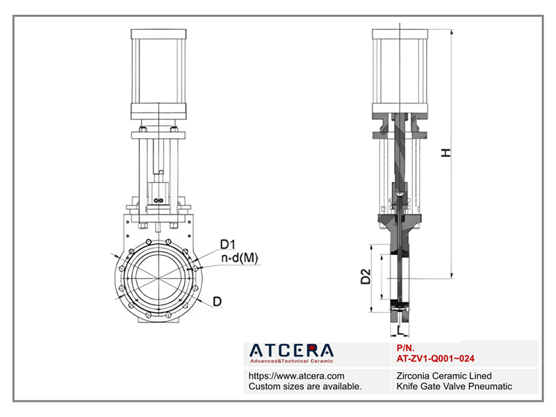 Drawing of Zirconia Ceramic Lined Knife Gate Valve Pneumatic