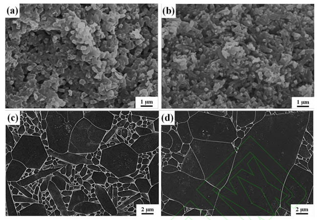 (a, c) Sample microstructure after nitriding without addition and (b, d) sample microstructure after nitriding with buried powder containing C (a, b) and microstructure of silicon nitride after air