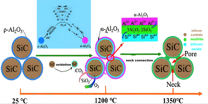 Schematic diagram of sintering process of mullite bonded porous silicon carbide ceramics prepared by in situ reactive sintering technique